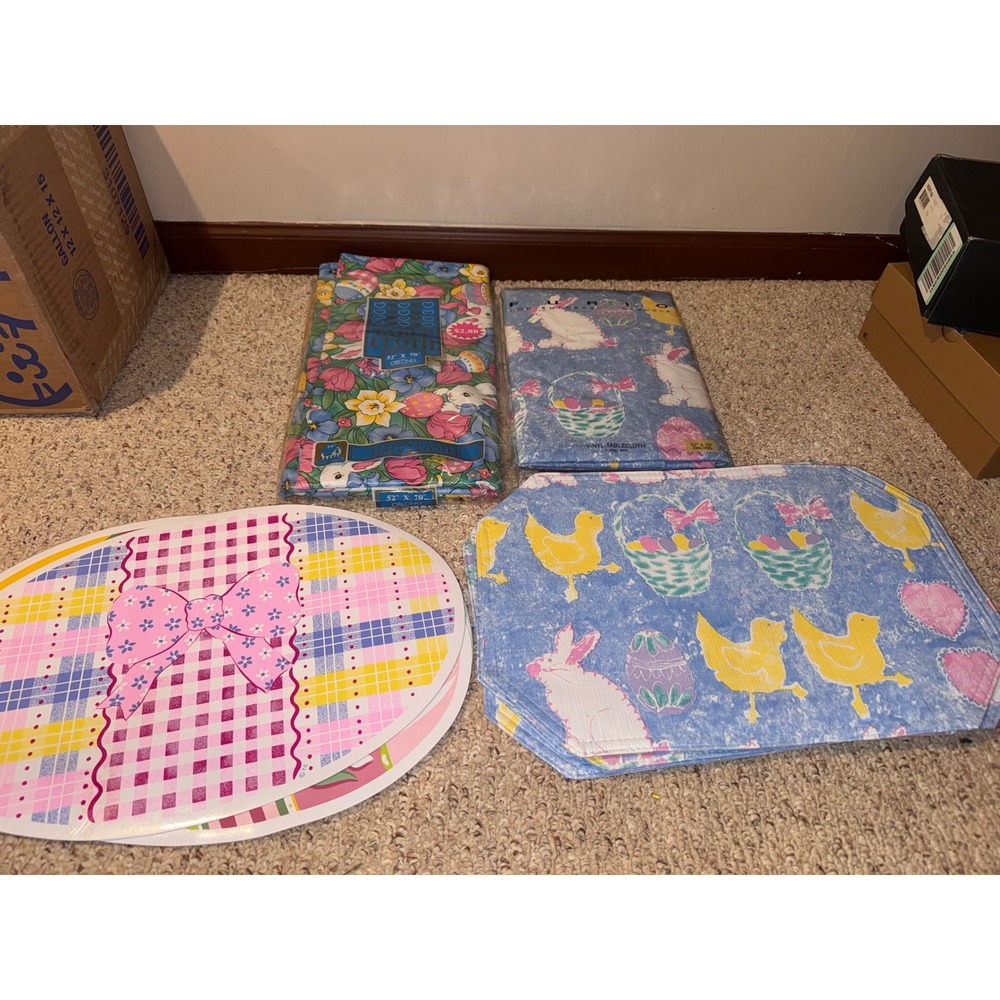 Vintage Easter Tablecloth Set Furio Vinyl Flannelback 52x70 & 11 Placemats Blue